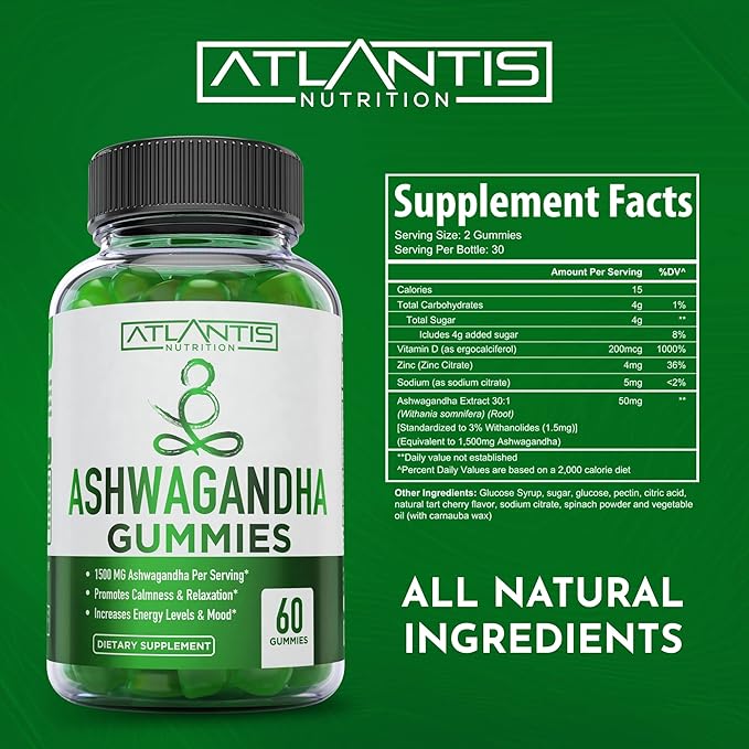 Atlantis Nutrition Ashwagandha Gummies - 1500 MG Per Serving - Promotes Calmness, Improves Mood, Boosts Energy Levels & Strengthens Immune System - Formulated with Vitamin D & Zinc - Vegan | 60 Count