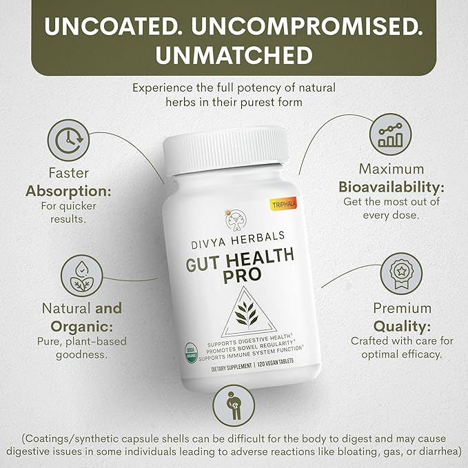 Gut Health Pro - Bloat Relief, Detox & Digestive Support - 100% Pure Organic Triphala Supplement - for Women & Men - Uncoated Vegan Tablets -120Ct