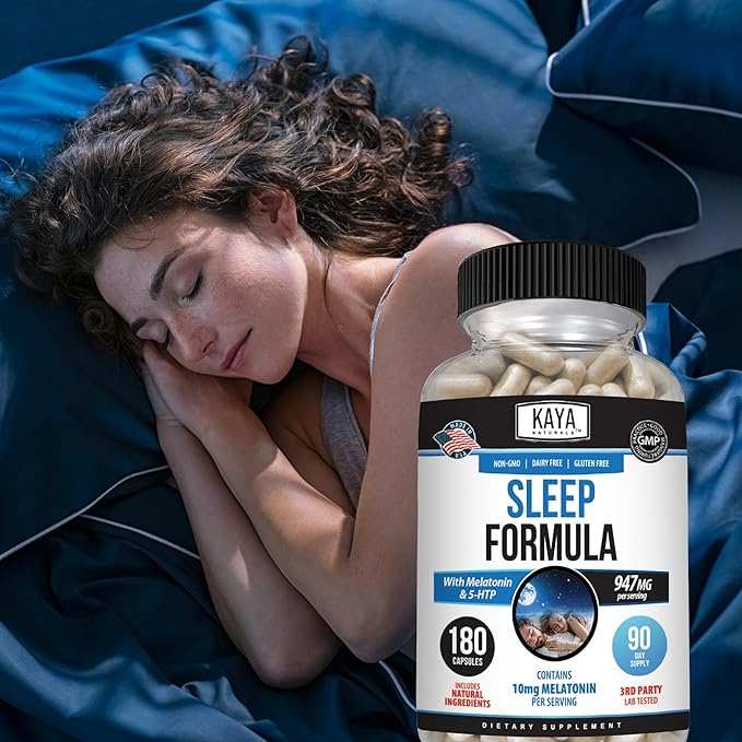 Kaya Naturals - Sleep Support Formula with Melatonin - Aid Support Vitamin Supplement - Sleep Stress and Mood Support - L-Tryptophan, Passion Flower, Ashwagandha and More - 180 Capsules (180 Count)
