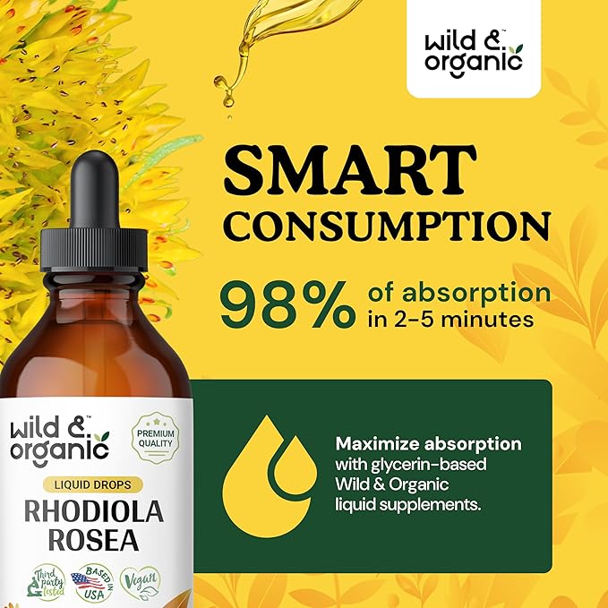 Wild & Organic Rhodiola Rosea Tincture - Rhodiola Rosea Supplement for Mood Support - Relaxing Root Extract Liquid Drops - Vegan, Sugar & Alcohol-Free - 4 fl oz