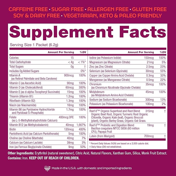 Root'd Multivitamin Powder with 3X Electrolytes for Women - 25 Vitamins & Minerals, 3X Electrolytes, 9 Organic Superfoods, Probiotics & Enzymes, Sugar-Free Multivitamin & Hydration | 24 Packets