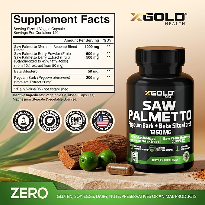 X Gold Health Saw Palmetto Prostate Supplement for Men | Pygeum Bark | Beta Sitosterol Supplement | Potent 3X Formula | Urinary Function Prostate | DHT Blocker Hair Growth | 4 Month Supply Male Pills