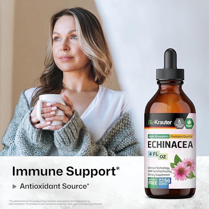BIO KRAUTER Echinacea Drops - Natural Immune Support - Echinacea Tincture Supplement - Vegan, Alcohol & Sugar Free Drops - 4 Fl.Oz.