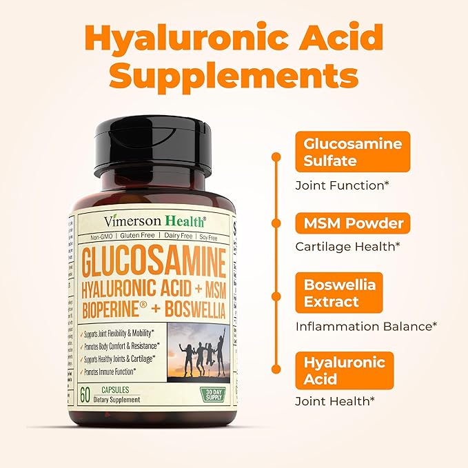 Glucosamine Sulfate with Hyaluronic Acid, Bioperine, MSM & Boswellia. 5-in-One Joint Support Supplement. Antioxidant & Inflammatory Support - Joint Health, Flexibility and Comfort. 60 Capsules
