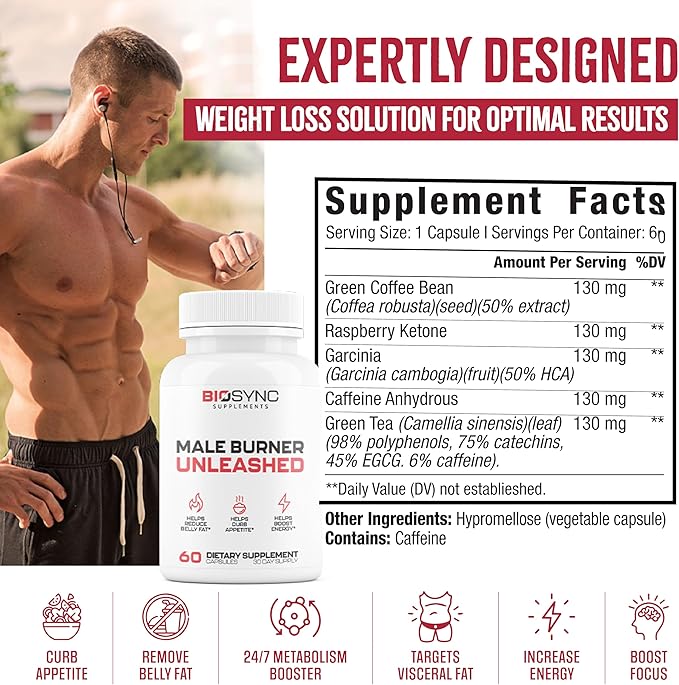 BioSync - Male Burner UNLEASHED | Fat Burner for Men Weight Loss Pills | Appetite Suppressant, Carb Blocker, Energy Booster | 6 Ultra Dosed Powerful Ingredients | Safe 3rd Party Tested - 60 Capsules