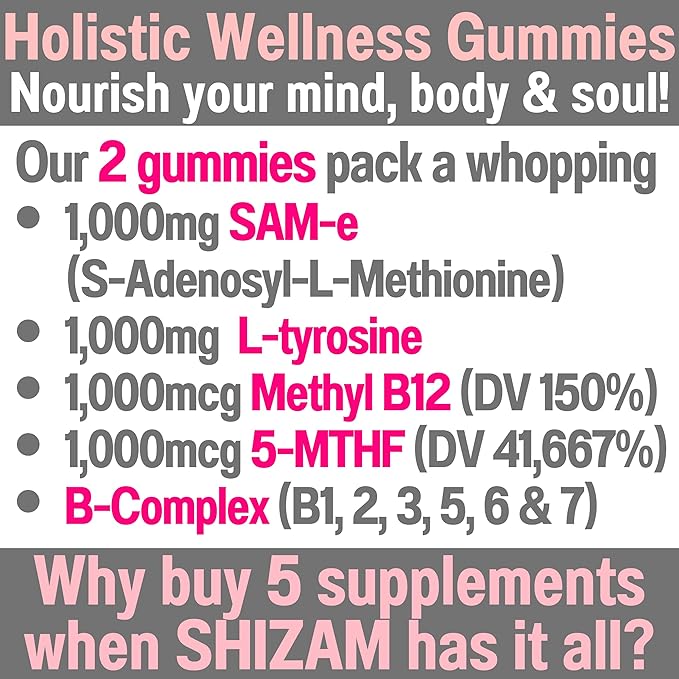 SHIZAM SAM-e & L-Tyrosine Gummies & Methylated Vitamin B-Complex | Methyl B12 & 5-MTHF | Vitamins B12 B9 B7 B6 B5 B3 B2 B1 Capsules Powders Pills Alt | Supplement Supplements