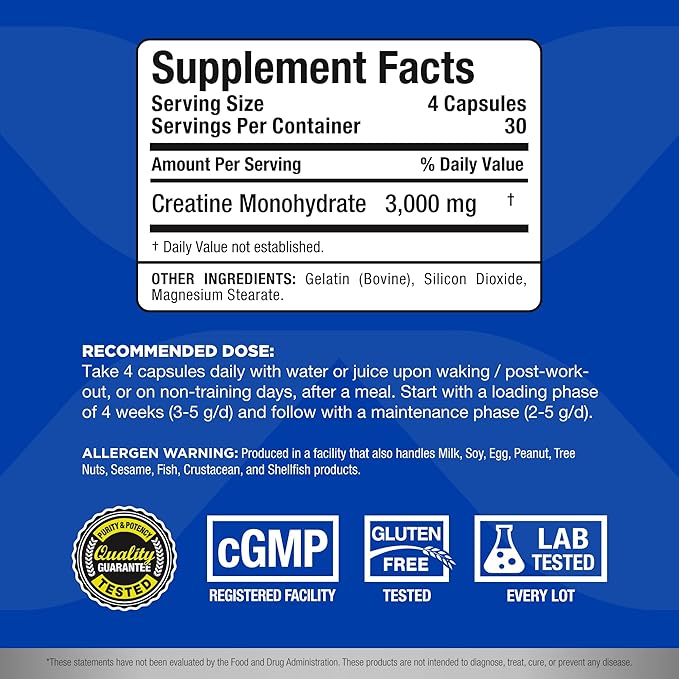 ALLMAX Nutrition - Creatine Monohydrate, Micronized Creatine Powder for Strength and Muscle Recovery, Gluten Free & Fast Absorbing, 120 Capsules