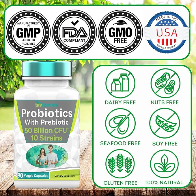 Probiotics with Prebiotic: 50 Billion CFU - 10 Strain - 90 Vegetarian Capsules | with Acidophilus Probiotic for Digestive Health, Gut Health, & Immune Support* | for Men & Women