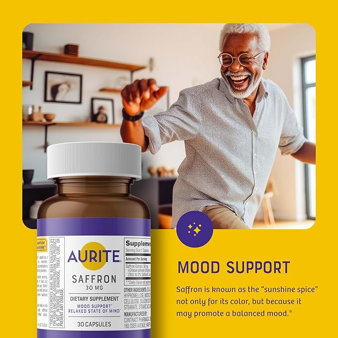 Saffron Supplement | Stress Management, Herbal Mood Support, Long-Term Memory, for Women & Men. 30 Count, Saffron 30mg, Vegetarian Friendly, Non-GMO, Gluten-Free, Soy-Free (1 Months of Supply)