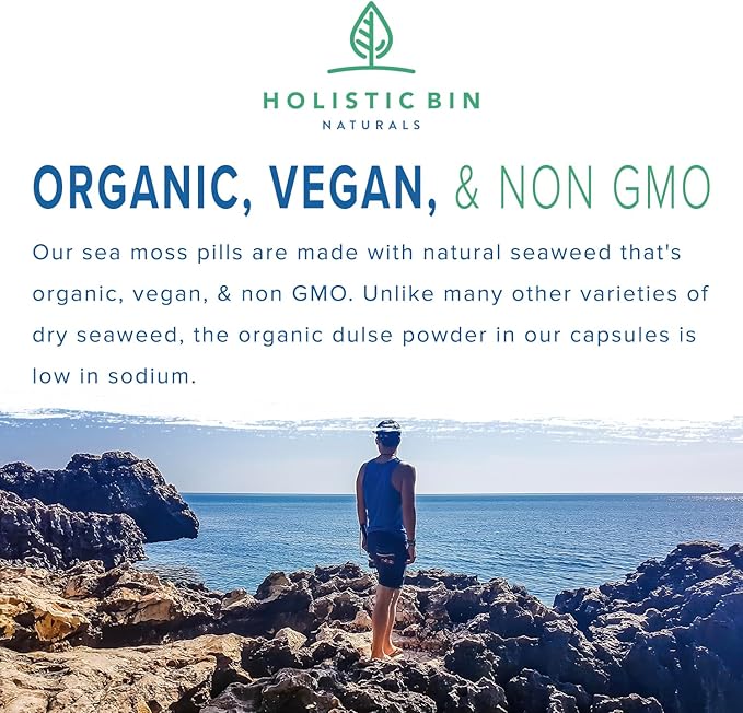 Holistic Bin Organic Sea Moss Capsules 100% Pure Caribbean Sea Moss + Dulse Seaweed | Wild Harvested | No Fillers | Rich in Antioxidants, Minerals, and Iodine (40 Capsules)