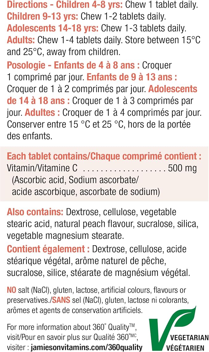 Jamieson Vitamin C Chewables 500 mg - Juicy White Peach Flavour, 120 Tablets