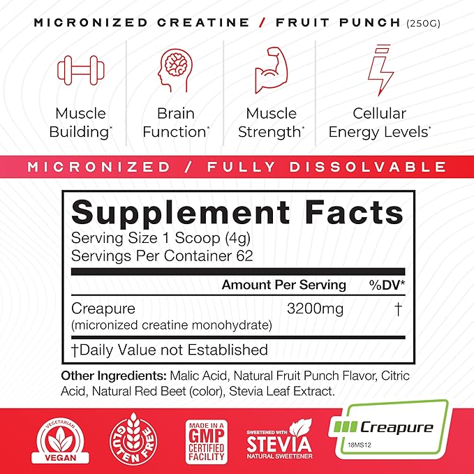 Muscle Feast Creapure Micro - Micronized Creatine Monohydrate Powder | Premium Pre-Workout or Post-Workout | Easy to Mix, Gluten-Free, Safe and Pure, (Fruit Punch, 250g)