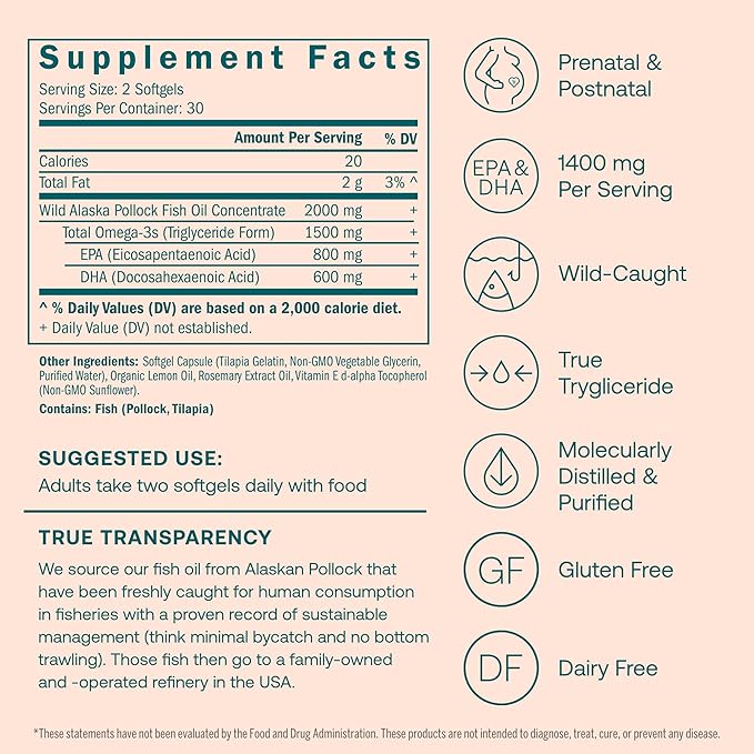 True Grace Prenatal DHA - 60 Softgels - 1400mg of DHA & EPA - for Pre-Conception, Pregnancy & Lactation - Wild Caught & Sustainably Sourced - Gluten Free - 30 Servings