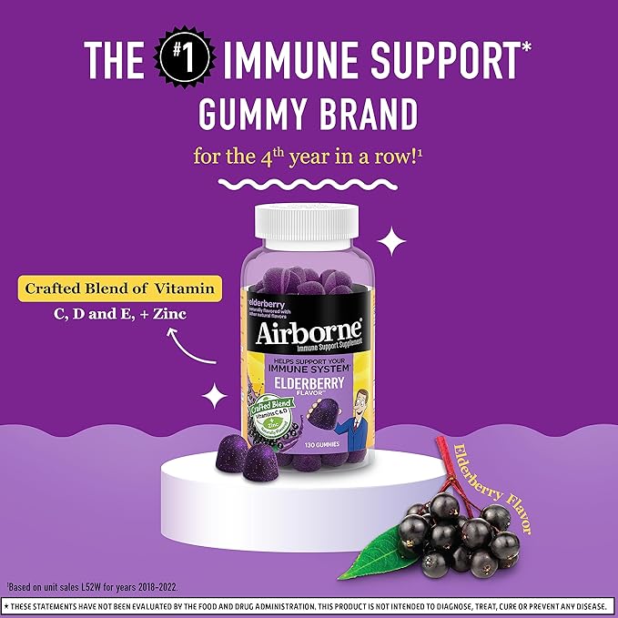 Airborne Elderberry + Zinc & Vitamin C Gummies for Adults, Immune Support Vitamin D & Zinc Gummies with Powerful Antioxidant Vitamins C D & E - 130 Gummies, Elderberry Flavor