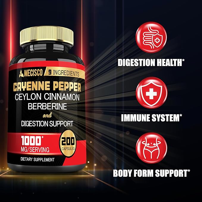 Cayenne Pepper Capsules with Turmeric Curcumin Root, Berberine HCl, Ceylon Cinnamon Bark & More - 200 Capsules - Support Digestion Health, Immune System & Body Balance