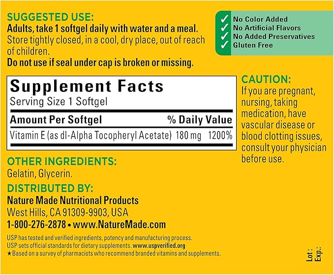 Nature Made Vitamin E 180 mg (400 IU) dl-Alpha, Dietary Supplement for Antioxidant Support, 180 Softgels, 180 Day Supply