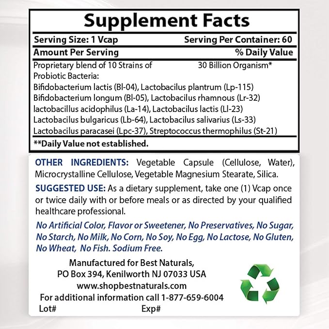 Best Naturals Probiotic 10 Strains & 30 Billion CFU Intestinal Flora, 60 Veggie Capsules (60 Count (Pack of 1))