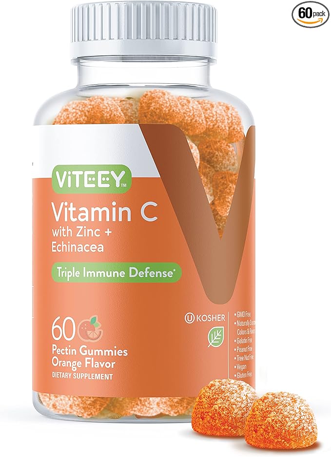 Vitamin C Gummies for Adults & Teens with Zinc & Echinacea - Immune Support Gummies - Vegan, Gelatin Free, Gluten Free, GMO Free - Tasty Vitamin C Chewable Orange Flavored Gummy