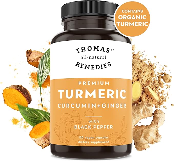 Thomas' all-natural Remedies Turmeric Curcumin and Ginger with Black Pepper, Organic Turmeric Joint Support Supplement- 95% Curcumin - NO fillers, Vegan - 120ct