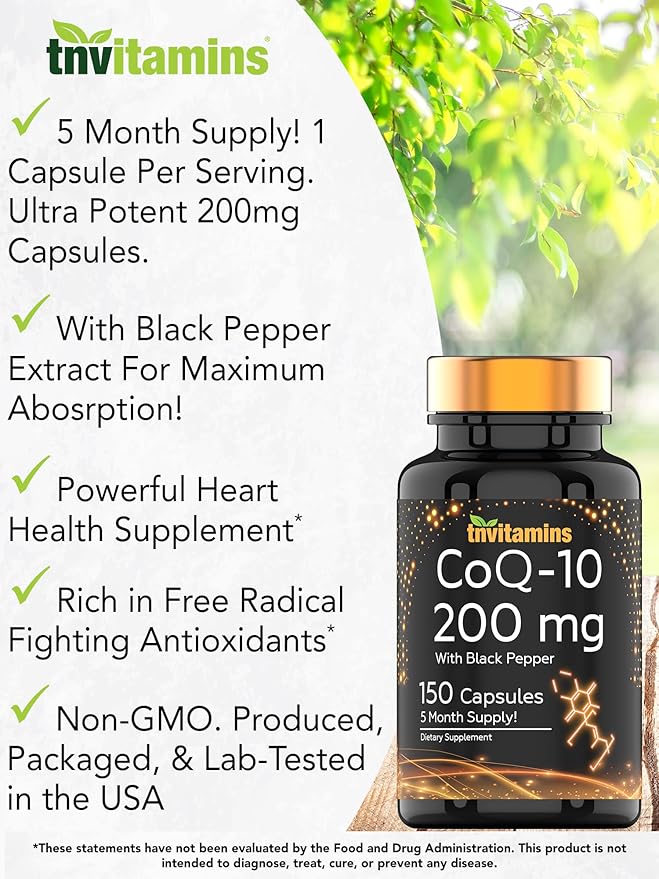 CoQ-10 200mg - 150 Capsules with Black Pepper Extract | 5 Month Supply! | Powerful Free Radical Fighting Antioxidant | Max Absorption Rapid Release Capsules | Coenzyme Q-10 200 mg