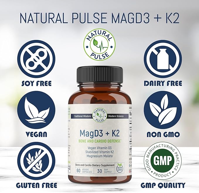 Magnesium Malate + Vegan Vitamin D3 + Stabilized Vitamin K2, Complete Support Supplement for Cellular Energy, Cardiovascular, Immune and Metabolic Health & Bone Strength, 90 Veggie Caps