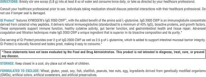 XYMOGEN GI Protect - IgG Immunoglobulin L-Glutamine Powder Supplement - Supports GI Lining + Gut Health, Cytokine Balance, Immune Health + Tissue Repair, Sugar & Stevia Free - Peach Flavor (6.14 oz)