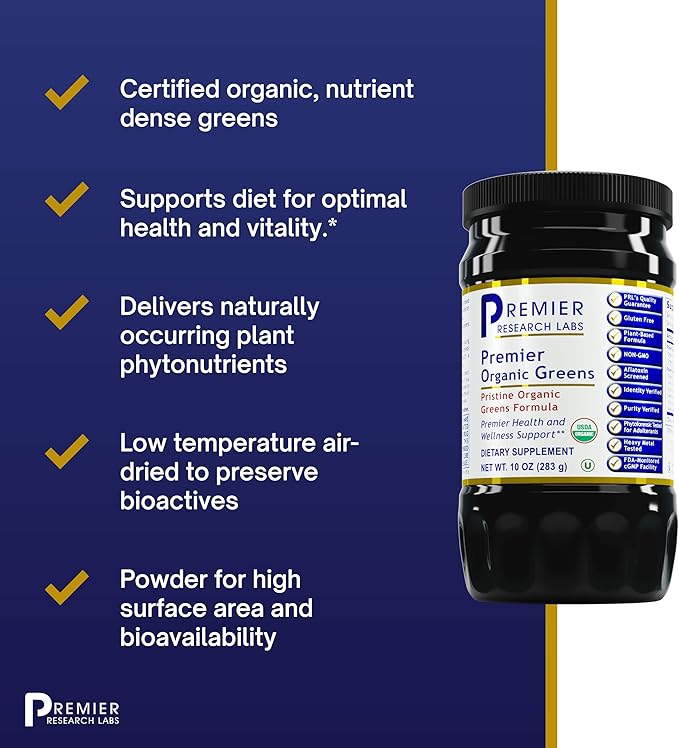 Premier Research Labs Premier Organic Greens - Super Greens Powder, Greens Superfood Powder for Drinks, Green Juice, Nutrition Support, Supergreens for Men & Women, Spinach, Alfalfa, Chlorella - 10 oz