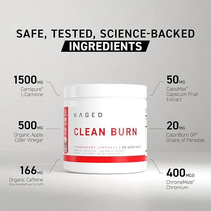 Kaged Thermogenic Powder Clean Burn Strawberry Lemonade Men & Women Weight Management Supplement Organic Caffeine Apple Cider Vinegar 30 Servings