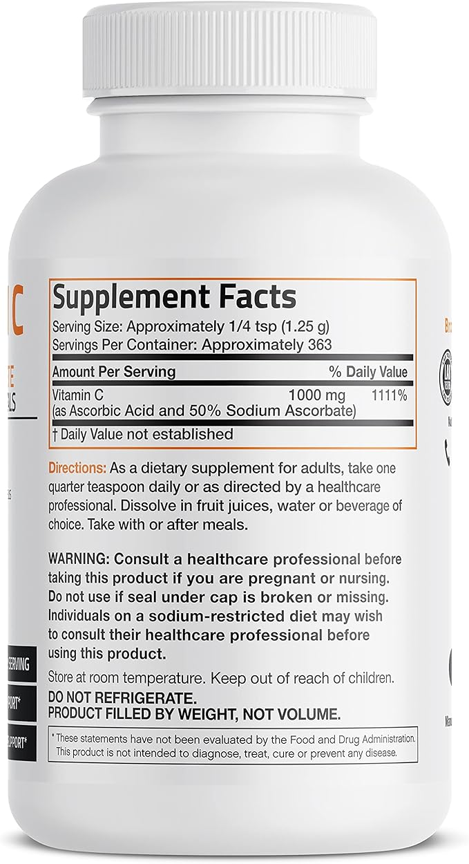 Buffered Vitamin C Powder Ascorbic Acid Buffered with Sodium Ascorbate Soluble Fine Crystals – Promotes Healthy Immune System and Cell Protection – Powerful Antioxidant - 1 Pound (16 Ounces)