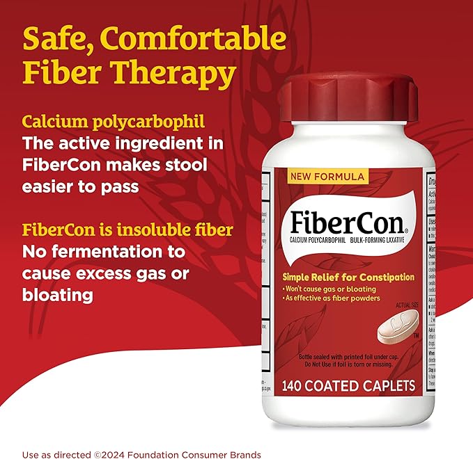 FiberCon Fiber Therapy Coated Caplets, Safe, Simple & Comfortable Insoluble Fiber for Bowel Irregularity, Comfortable Constipation Relief with No Gas or Bloating, 140 Caplets