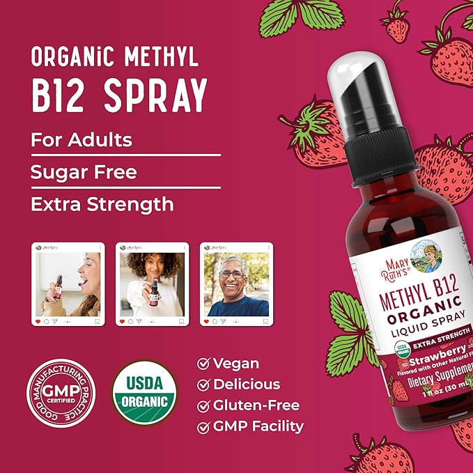 MaryRuth Organics Vitamin B12 Liquid Spray | Vegan, Non-GMO, Gluten-Free | USDA Organic Supplement | Energy & Nervous System Support | B12 Vitamins for Women & Men | 720 mcg | 1 Fl Oz