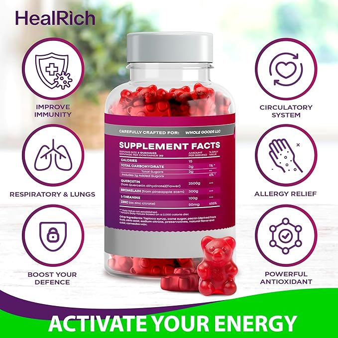 Quercetin Gummies - 2500MG Quercetin with Bromelain L-theanine & Zinc - Pure Supplement for Immune System Lung and Allergy Support - Immunity Booster Vegan Supplements for Kids & Adults - 2 Pack
