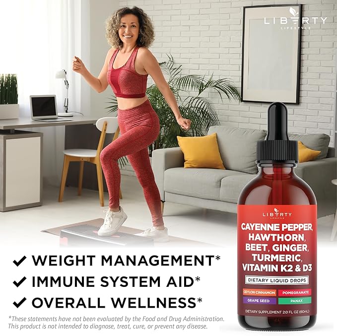 Cayenne Pepper Supplement Liquid Drops + Hawthorn Berry, Vitamin D3 K2 Beet Root Powder, Ceylon Cinnamon, Turmeric Curcumin, Organic Panax Ginseng - 2oz