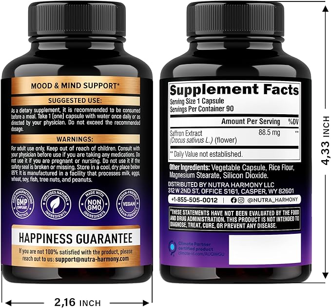 Natural Saffron Supplements - Pure Saffron Extract 88.5 mg - Made in USA - Mood | Focus | Vision | Energy Support - Eye Health for Women & Men - NonGMO Vegan Pills - 90 Powder Capsules, 3 Month Supply