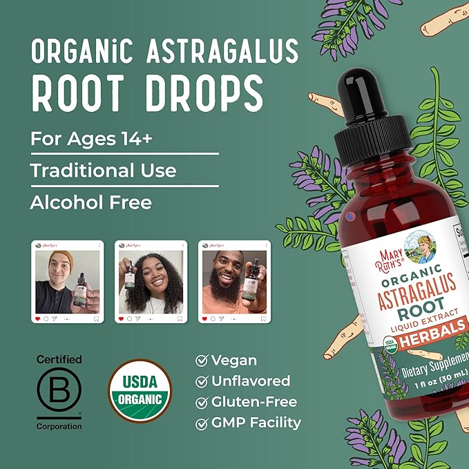 MaryRuth Organics Astragalus Root, Sugar-Free, USDA Organic, Astragalus Extract for Immune Support and Focus, Herbal Liquid Drops, Non-GMO, Vegan, 1 Fl Oz