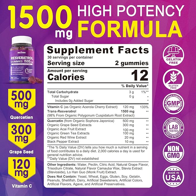 Resveratrol Gummies 1500mg - Sugar Free Resveratrol Supplement with Quercetin, Grape Seed, Acai Berries Extracts Support Antioxidant, Healthy Aging & Longevity, Skin, Brain Wellness - 1Pack