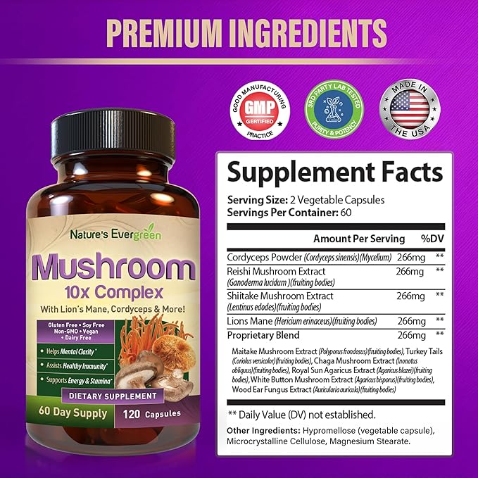 10-in-1 Mushroom 10x Complex Supplement | Lions Mane, Reishi and Cordyceps & More | Nootropic for Brain Health, Memory & Focus | Immunity & Energy - (120 Capsules - 60 Day Supply)