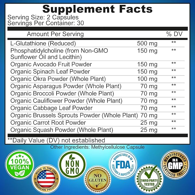 Liposomal Glutathione 500mg - Active Form L Glutathione (Reduced) for Maximum Absorption - Made with Organic Whole Foods - Master Antioxidant & Detoxifier - Immune & Cardiovascular Support - 60 count