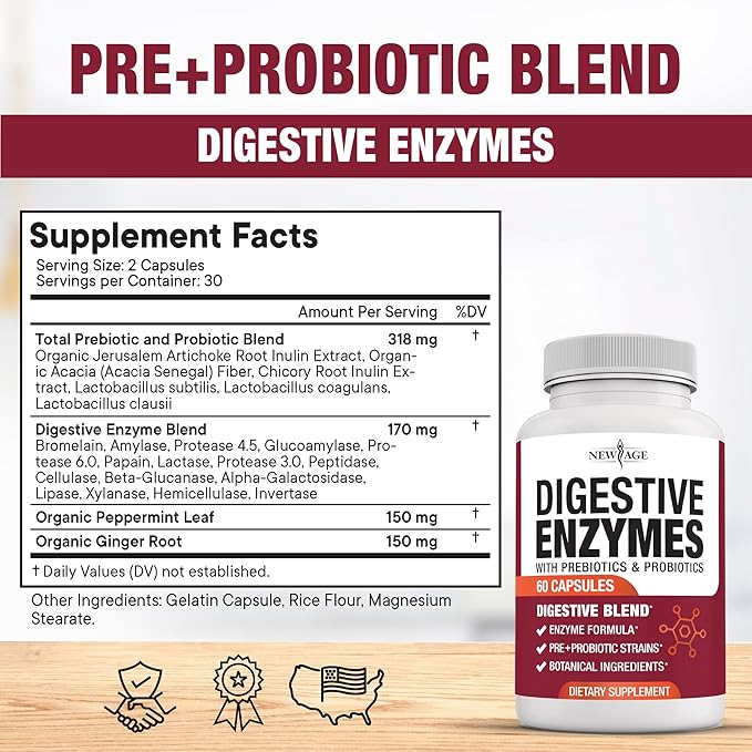 NEW AGE Digestive Enzymes for Gut Health - Probiotic Multi Enzymes with Prebiotics and Probiotics with Lipase for Women and Men for Digestive Health, Daily Enzymes for Digestion - 180 Count