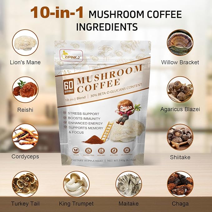Mushroom Coffee Powder Organic (60 Servings) Instant Coffee Natural Ingredients - Lion's Mane, Cordyceps, Reishi, Chaga Mushrooms Powder Supplement Better Focus and Immunity, Gut Digestion