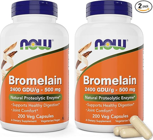Now Bromelain 500 mg, 200 Veg Capsules (Pack of 2) Supplement - Non-GMO, Vegan 500mg Caps