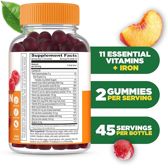 Lifeable Multivitamin with Iron for Adult | 13 Essential Vitamins and Minerals for Men and Women | Great Tasting Naturally Sourced Berry Flavor | Vegetarian Non-GMO | 90 Gummies