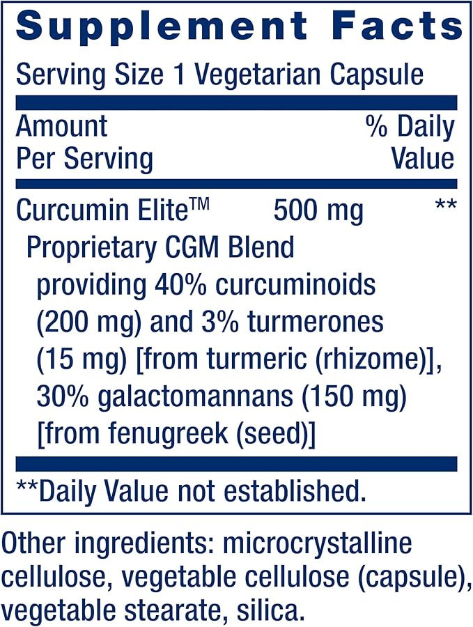 Life Extension Curcumin Elite™ Turmeric Extract, 500 mg, curcuminoids, turmerones, Fenugreek, Inflammation Health Support, Heart & Immune Support, Gluten-Free, Non-GMO, Vegetarian, 30 Capsules