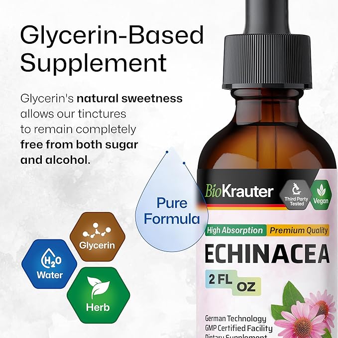 BIO KRAUTER Echinacea Tincture - Natural Immune Support - Echinacea Supplement - Vegan, Alcohol & Sugar Free Drops - 2 Fl.Oz.
