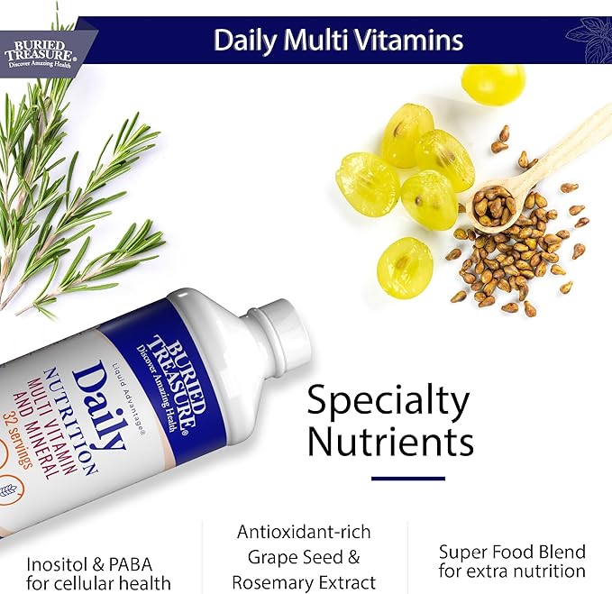 Buried Treasure Daily Nutrition Liquid Multivitamin and Mineral Supplement with Trace Minerals, Superfoods, Vitamin A, B-Complex, C, D, E, Methylfolate, Biotin, Magnesium, Zinc, Resveratrol, 32 serv