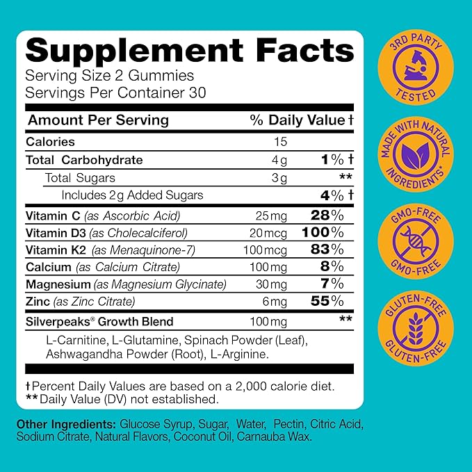 Height Growth Gummies for Kids - Growth Vitamins for Teens, Height Increase Multivitamin for Boys & Girls with Calcium Vitamin D C K2 Magnesium Zinc, Natural Height Growth Maximizer Supplement, 60 PCS