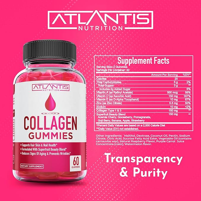 Atlantis Nutrition Collagen Peptides Gummies for Women - Formulated with Type I & III - Vitamin & Superfruit Beauty Blend - Formulated to Support Hair, Nail & Skin Health | 60 Count