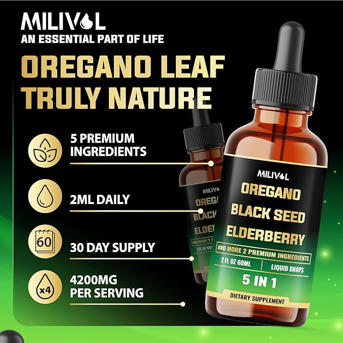 5in1 Oregano Oil Liquid Drops with Black Seed, Elderberry, Garlic, Olive Leaf - Immune Support Supplement - 2 Fl Oz