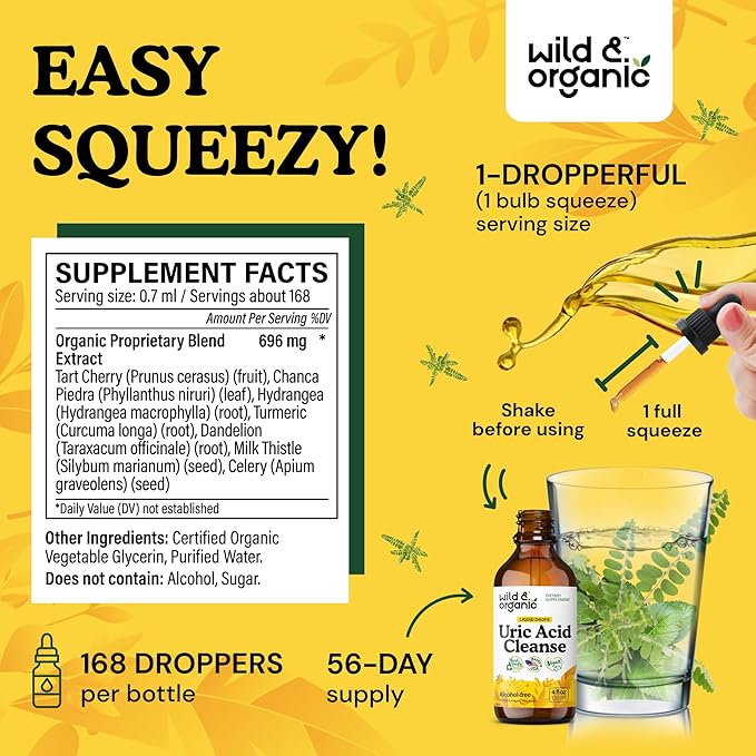 Wild & Organic Uric Acid Cleanse Liquid Drops - Tart Cherry, Turmeric, Celery, Chanca Piedra, Dandelion Root Extract Complex - Uric Acid Supplement - Vegan, Sugar & Alcohol-Free Tincture - 4 fl oz