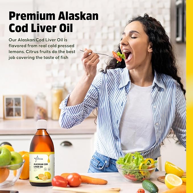 Stellar Alaskan Cod Liver Oil - Organic Lemon, 16.67 oz | Wild-Caught in USA | Rich in Omega-3 DHA/EPA & Vitamin D | Non-GMO Certified | Supports Heart, Brain & Immune Health